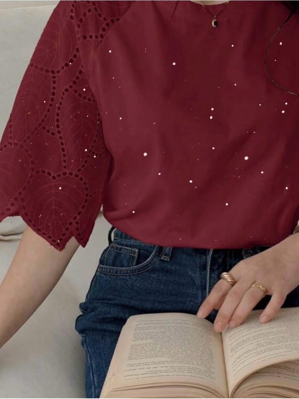 Women’s Eyelet Sleeve Blouse - Wine